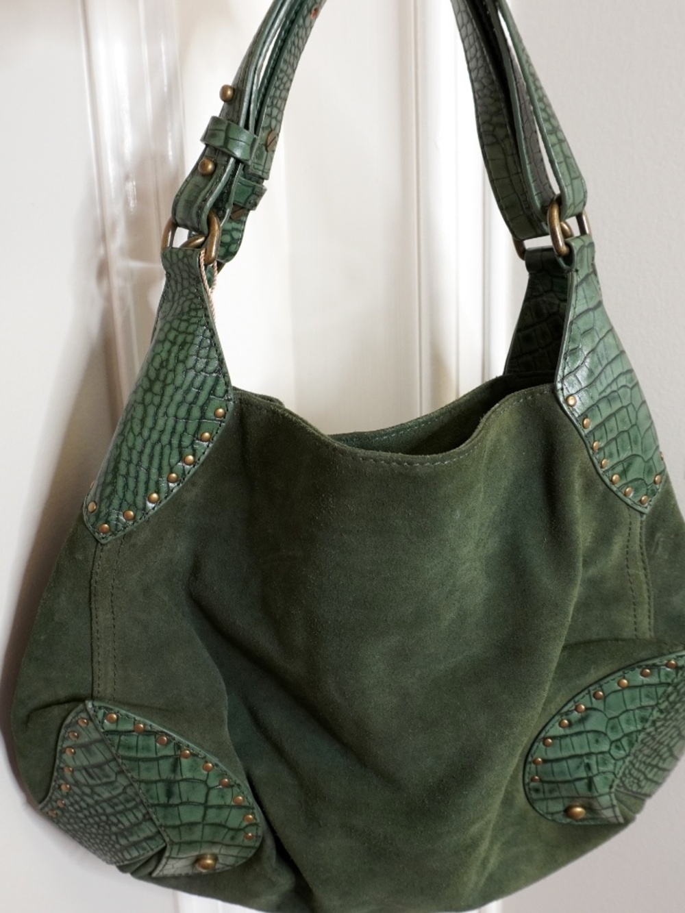 NEW Pollini Italian 100% Suede Leather Olive Green with Croc Embossed Details - Picture 2 of 5
